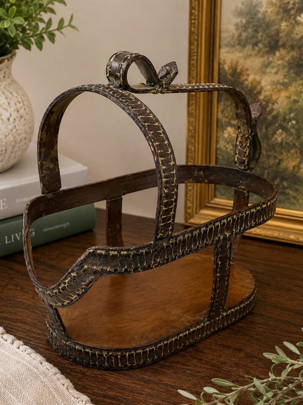 VTG Hammered Metal & Wood Wine Bottle Caddy Carrier Rustic French Country